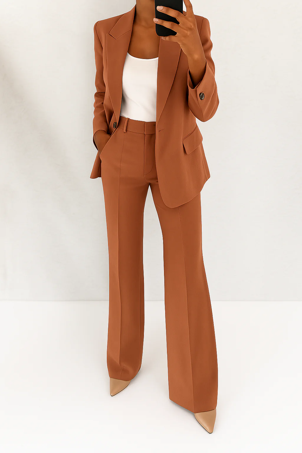 Women's Office-Ready Wide-Leg Pantsuit with Tailored Blazer - Brown