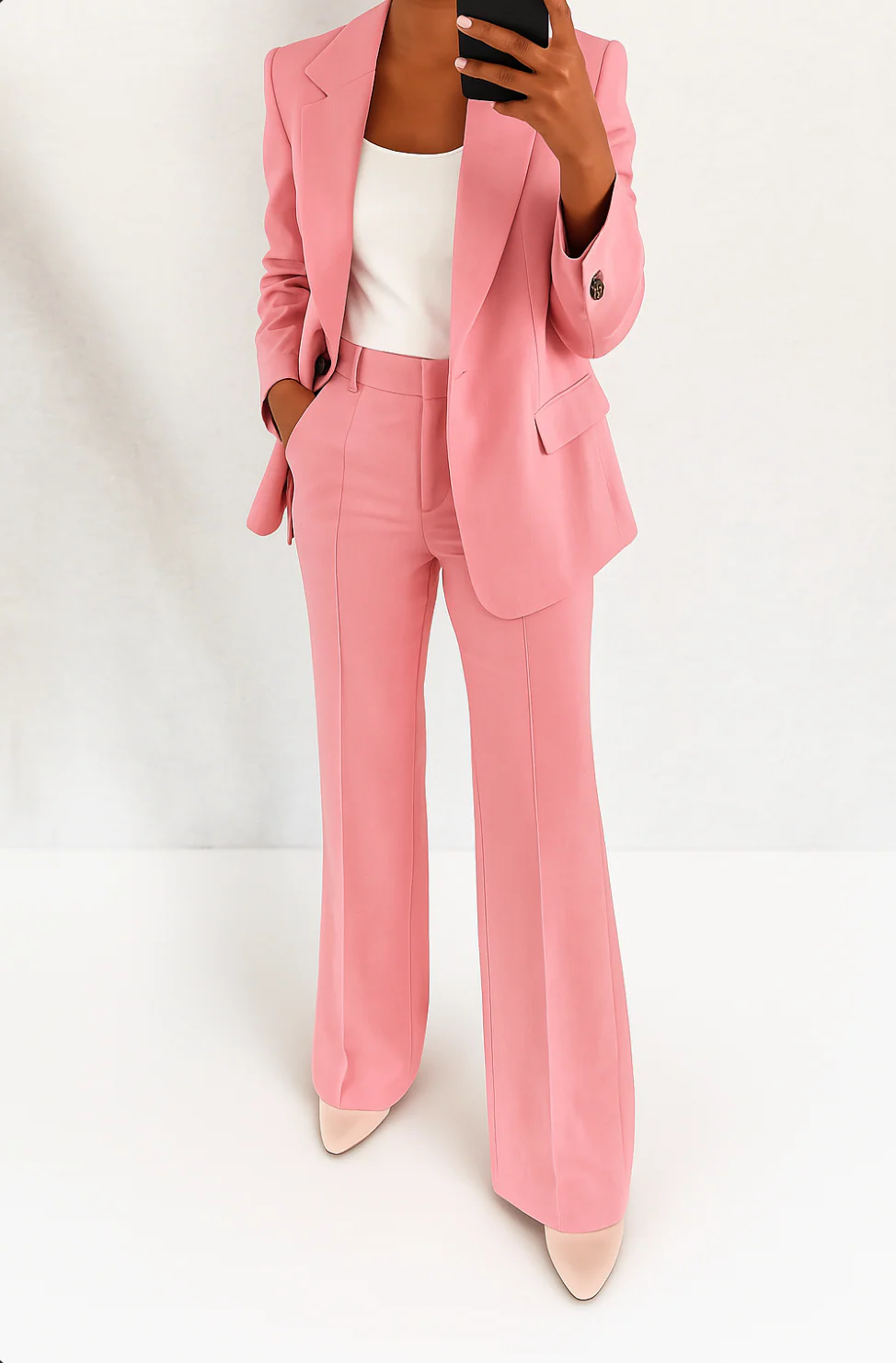 Women's Office-Ready Wide-Leg Pantsuit with Tailored Blazer - Pink