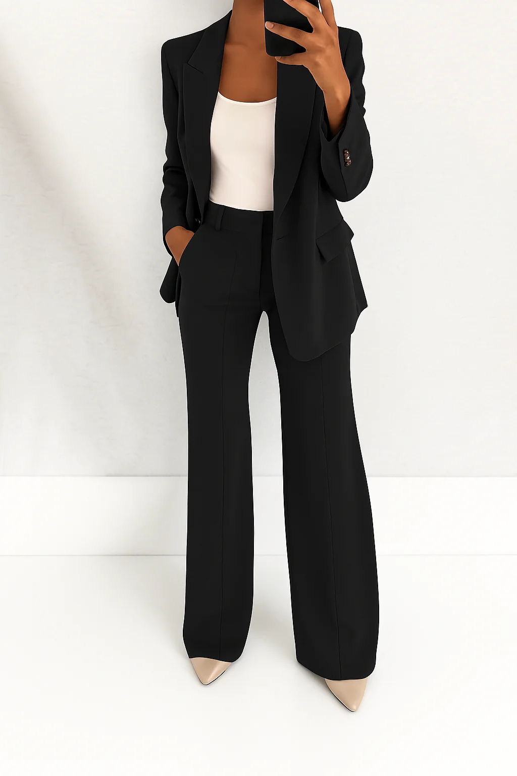 Women's Office-Ready Wide-Leg Pantsuit with Tailored Blazer - Black