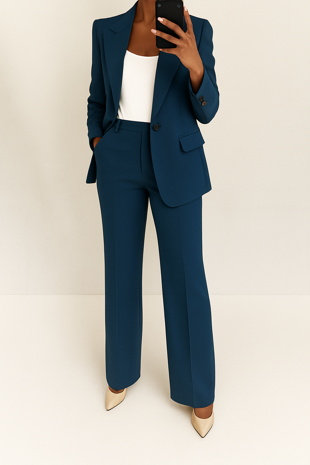 Women's Office-Ready Wide-Leg Pantsuit with Tailored Blazer - Navy Blue