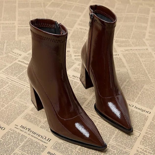 Women's Sharp Toe Cold-Weather Booties with Stable Heel - Brown
