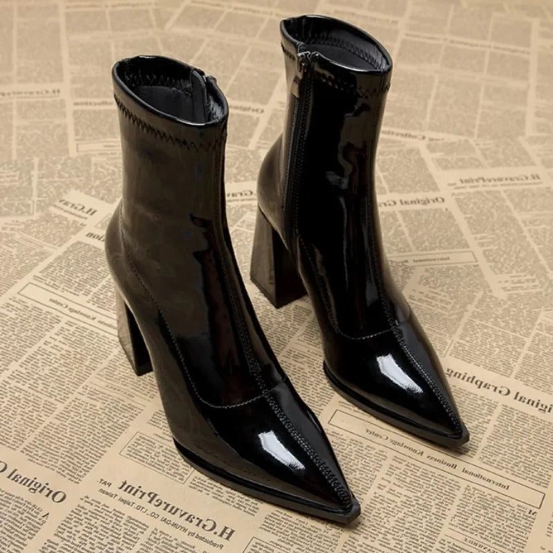 Women's Sharp Toe Cold-Weather Booties with Stable Heel - Black