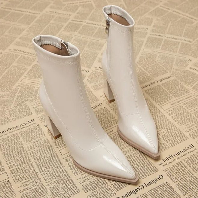 Women's Sharp Toe Cold-Weather Booties with Stable Heel - White