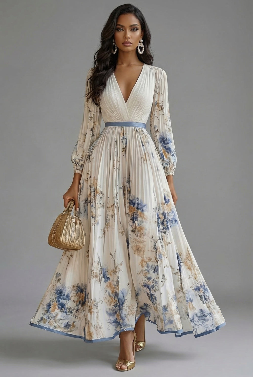 Women's Maxi Dress V-Neck Long Sleeve Pleated Floral Print