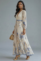 Women's Maxi Dress V-Neck Long Sleeve Pleated Floral Print