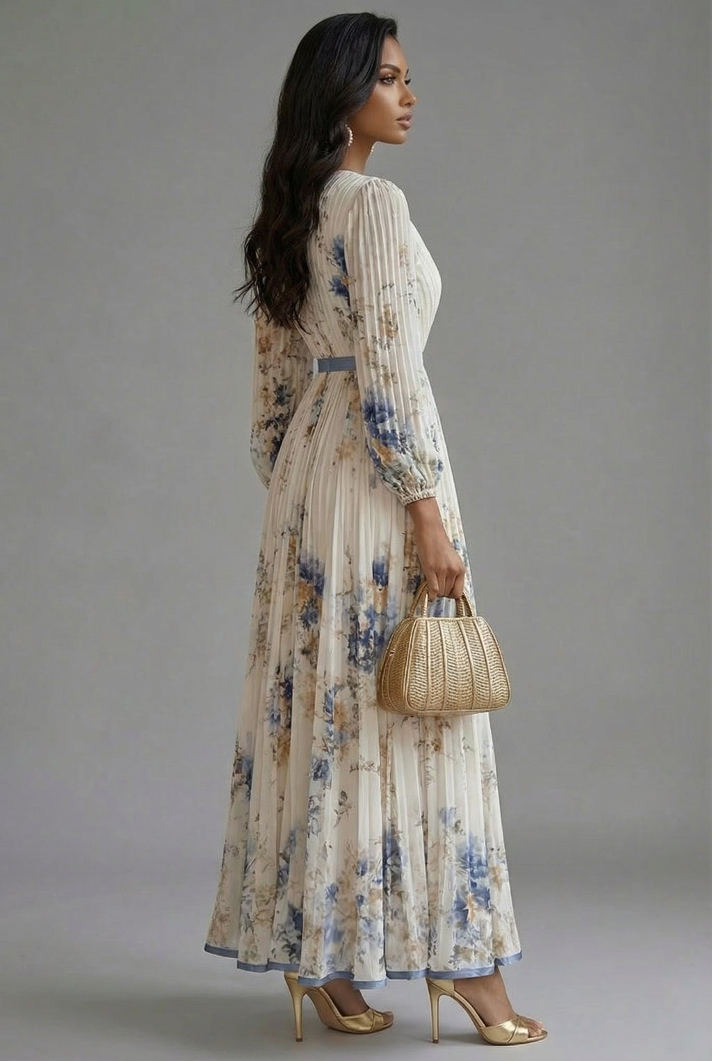 Women's Maxi Dress V-Neck Long Sleeve Pleated Floral Print