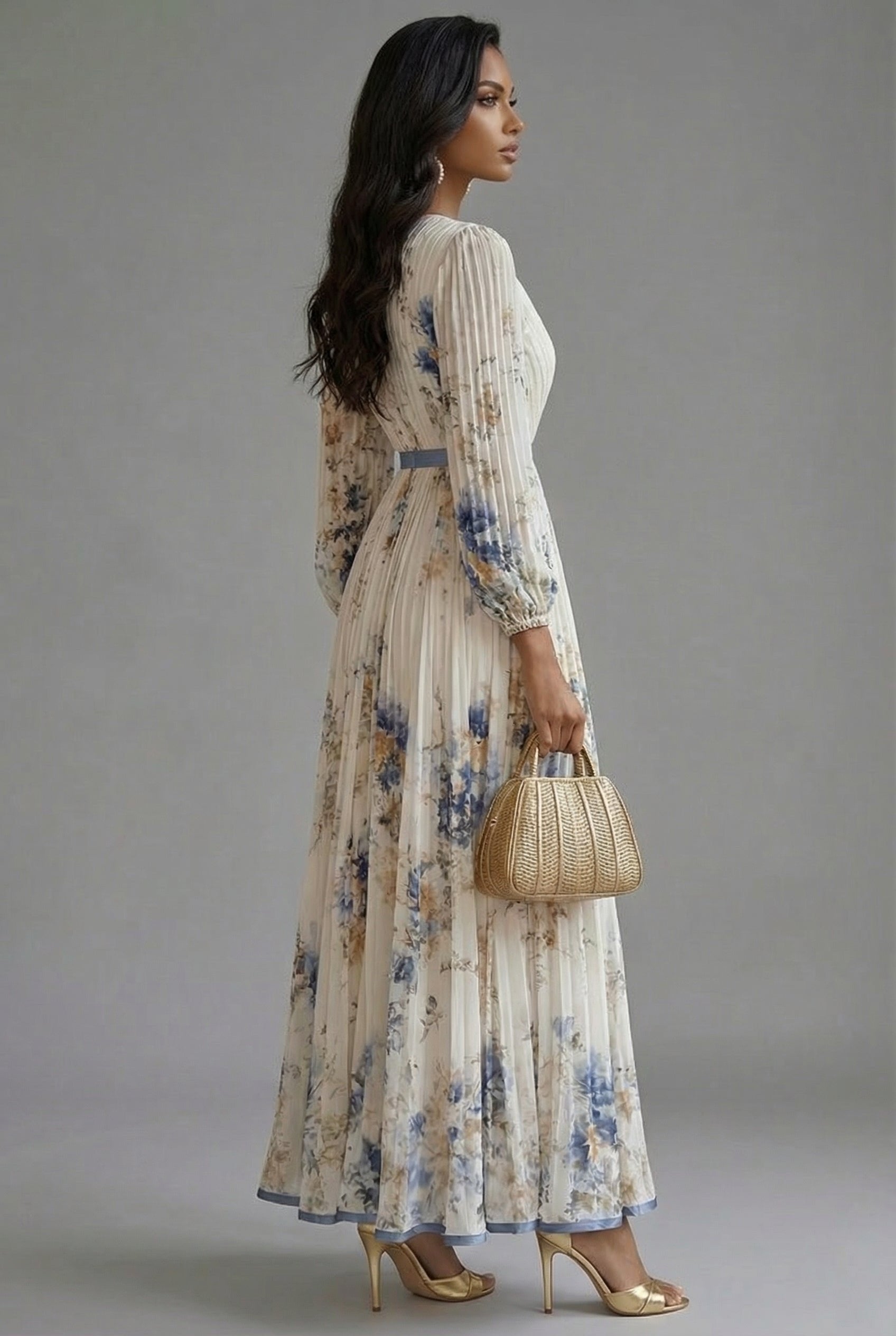 Women's Maxi Dress V-Neck Long Sleeve Pleated Floral Print