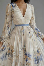 Women's Maxi Dress V-Neck Long Sleeve Pleated Floral Print
