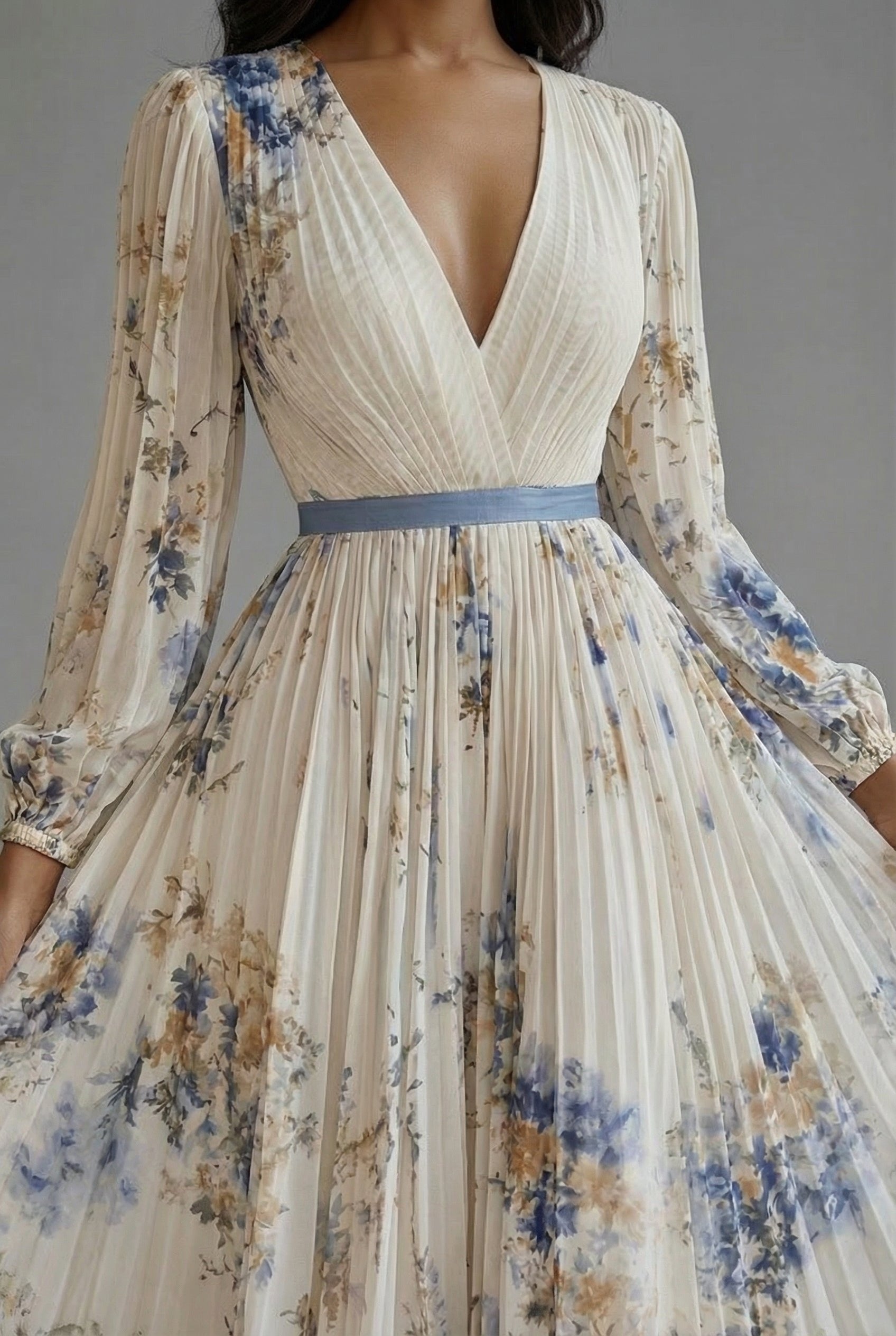 Women's Maxi Dress V-Neck Long Sleeve Pleated Floral Print