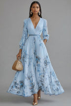 Women's Maxi Dress V-Neck Long Sleeve Pleated Floral Print