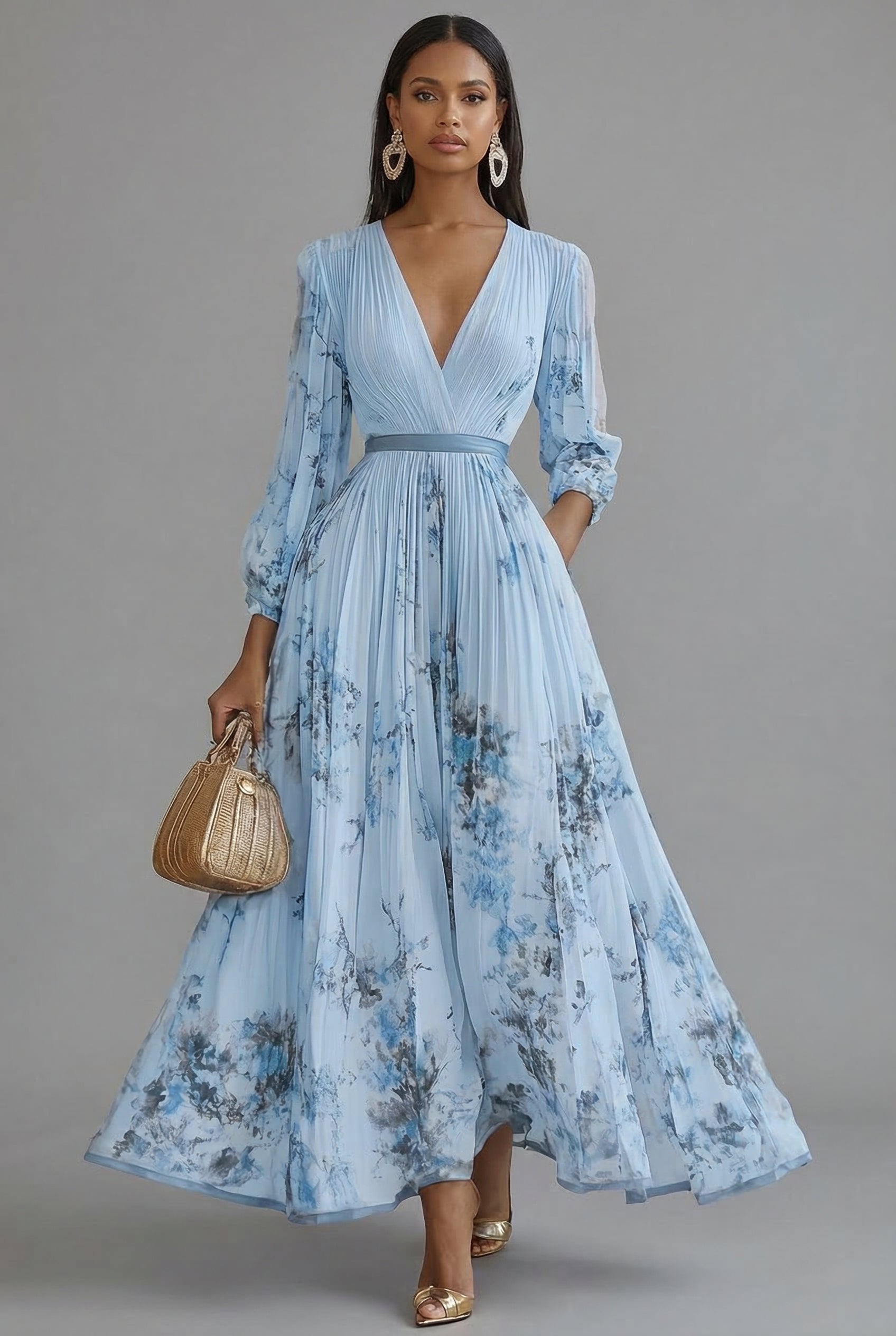 Women's Maxi Dress V-Neck Long Sleeve Pleated Floral Print