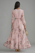 Women's Maxi Dress V-Neck Long Sleeve Pleated Floral Print