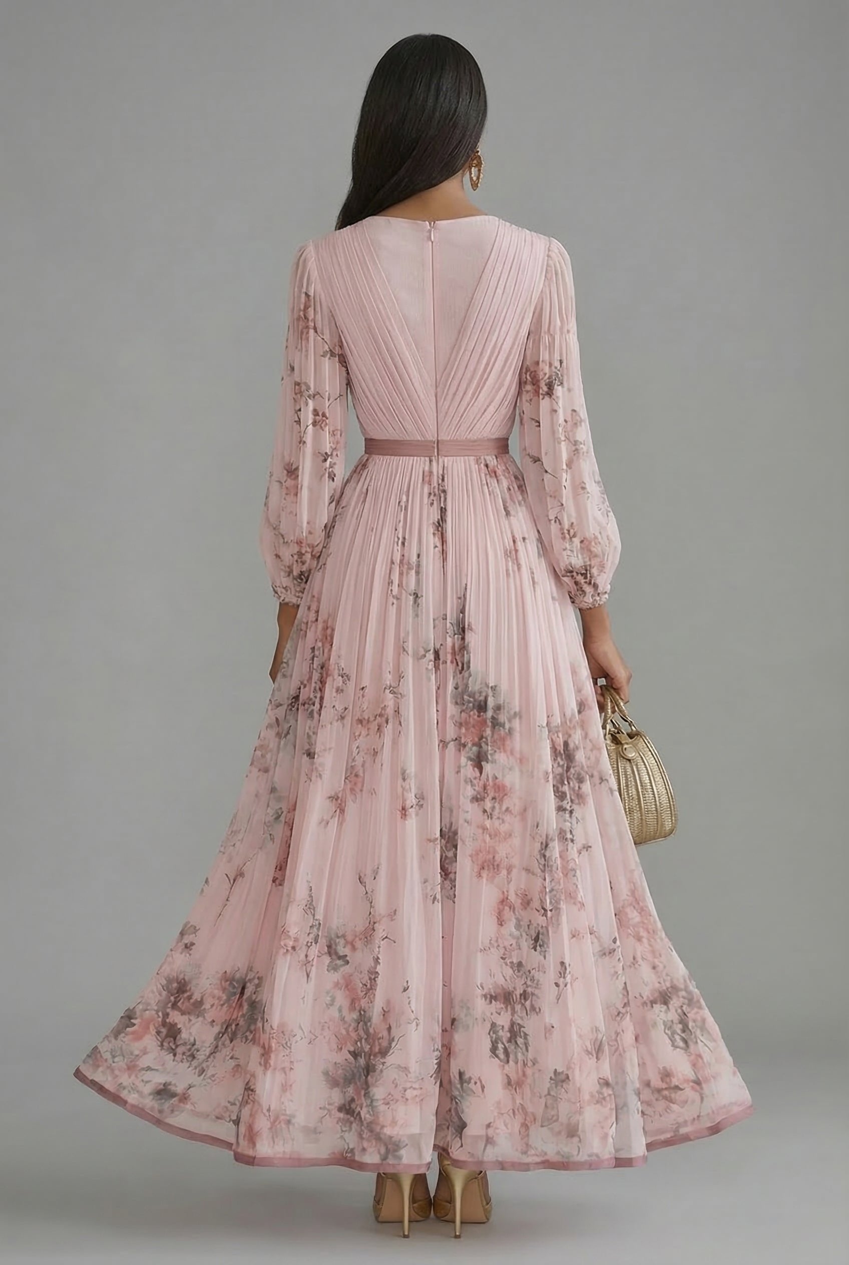 Women's Maxi Dress V-Neck Long Sleeve Pleated Floral Print