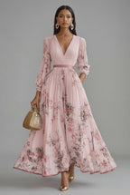Women's Maxi Dress V-Neck Long Sleeve Pleated Floral Print