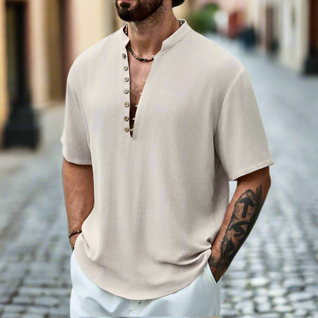 Men's Linen Shirt Short Sleeve Button Neck Relaxed Fit