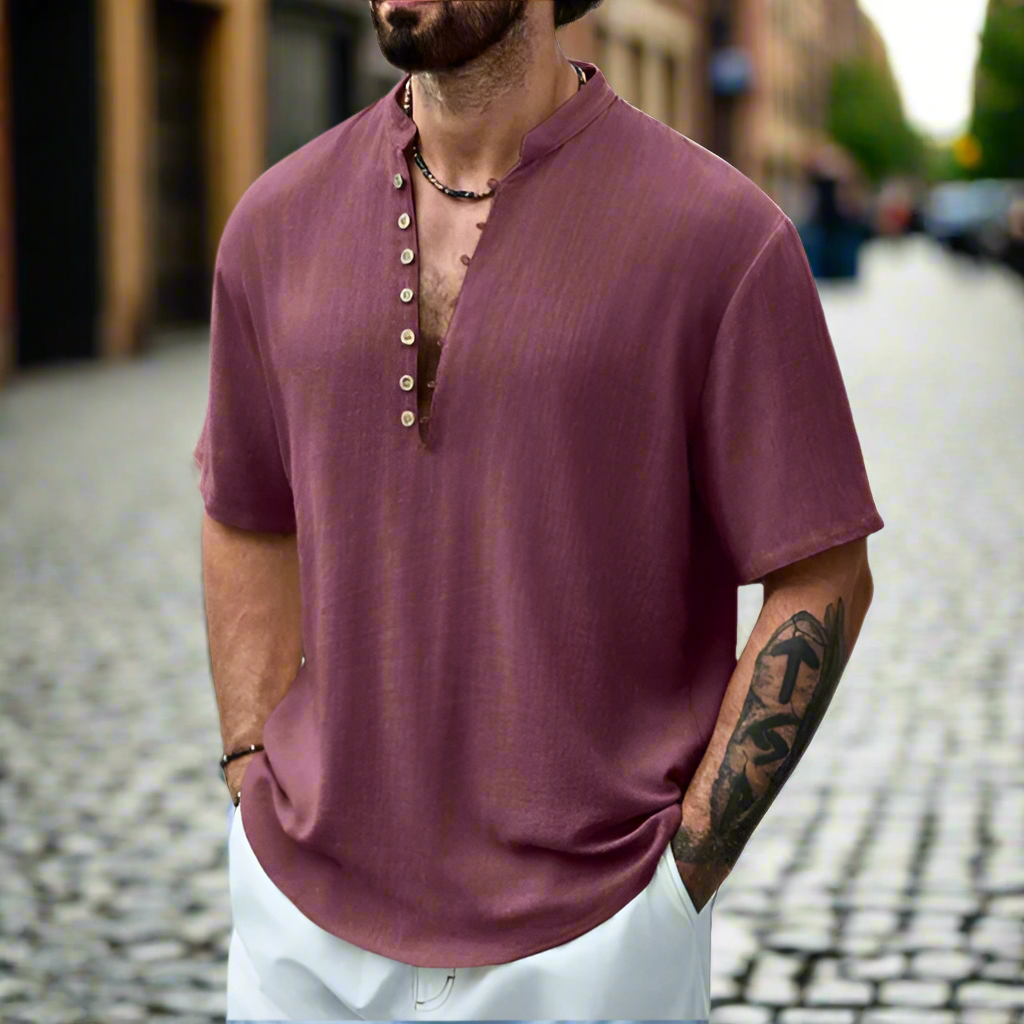 Men's Linen Shirt Short Sleeve Button Neck Relaxed Fit