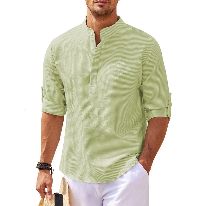 Men's Grandad Collar Popover Shirt Roll Sleeve Summer Style