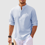 Men's Grandad Collar Popover Shirt Roll Sleeve Summer Style