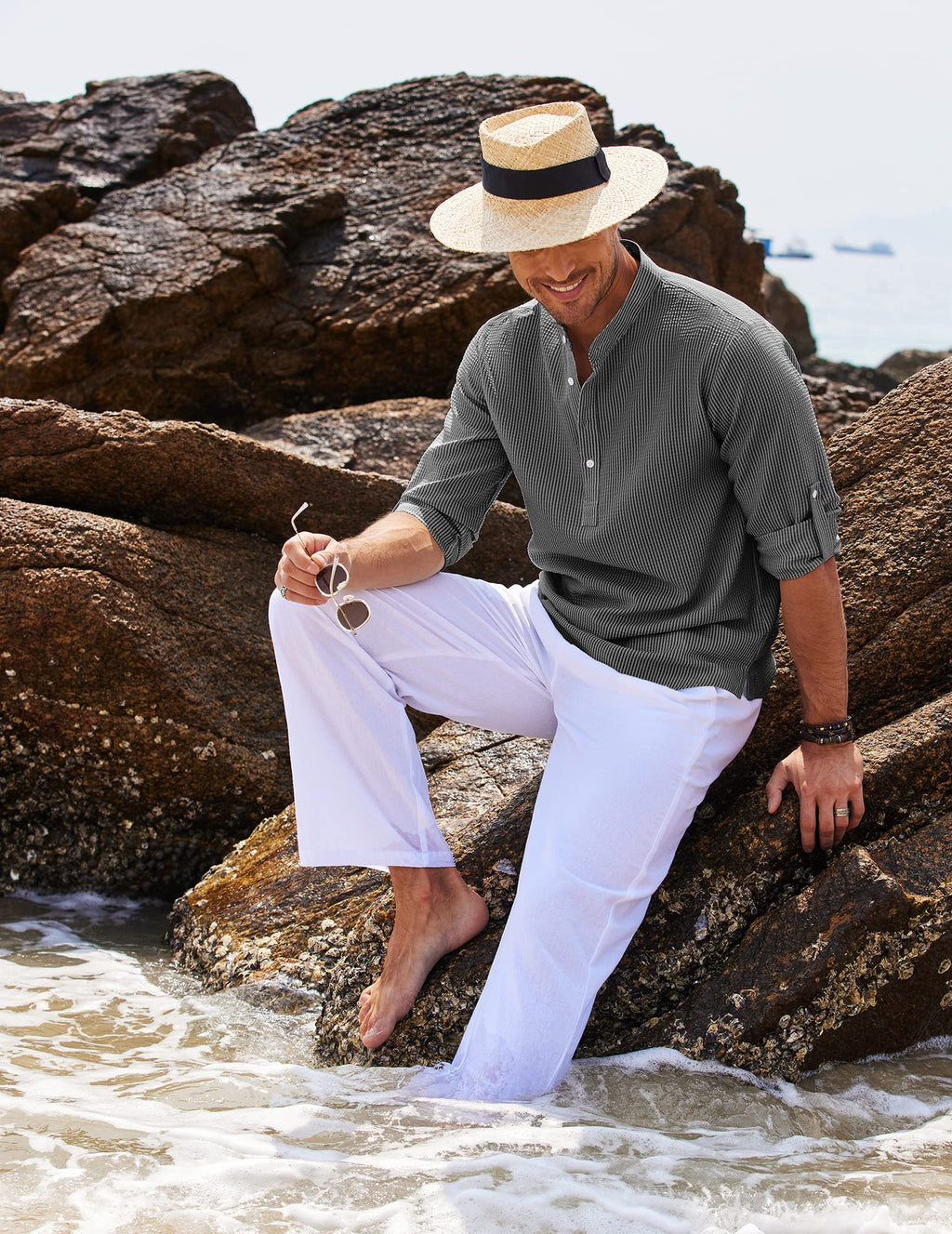 Men's Grandad Collar Popover Shirt Roll Sleeve Summer Style