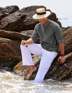 Men's Grandad Collar Popover Shirt Roll Sleeve Summer Style