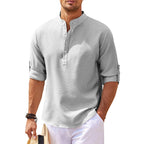 Men's Grandad Collar Popover Shirt Roll Sleeve Summer Style
