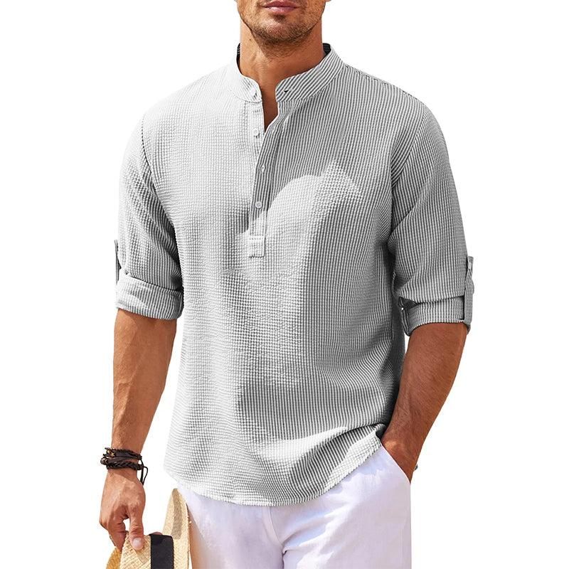 Men's Grandad Collar Popover Shirt Roll Sleeve Summer Style