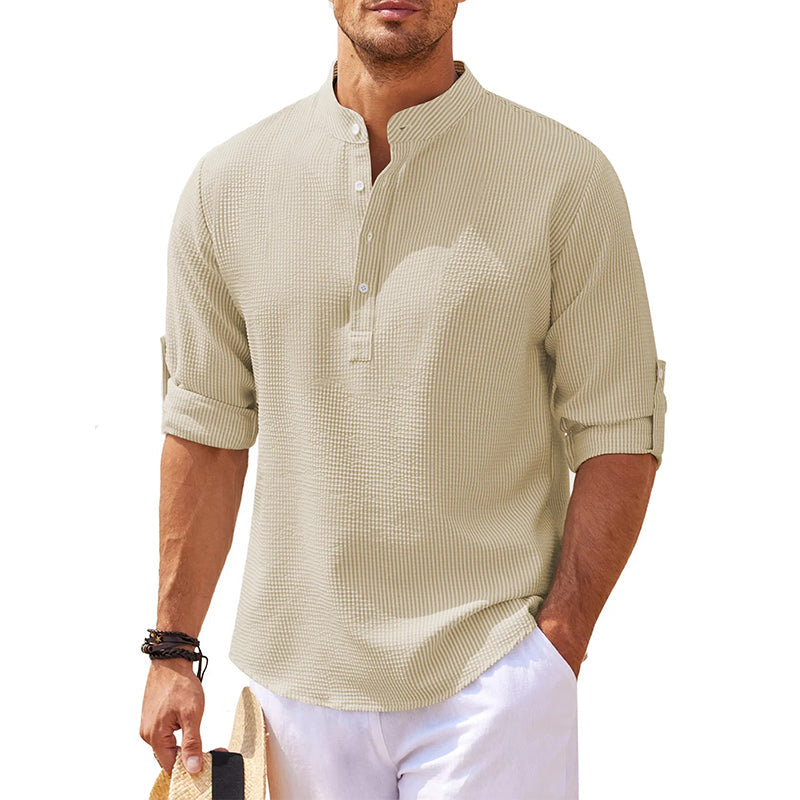 Men's Grandad Collar Popover Shirt Roll Sleeve Summer Style