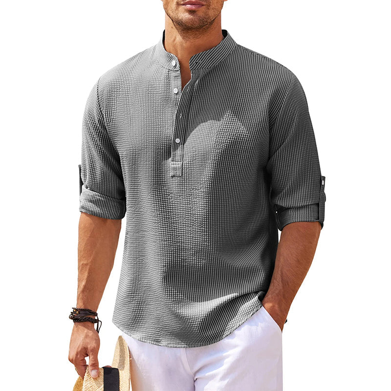 Men's Grandad Collar Popover Shirt Roll Sleeve Summer Style
