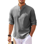 Men's Grandad Collar Popover Shirt Roll Sleeve Summer Style