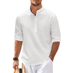 Men's Grandad Collar Popover Shirt Roll Sleeve Summer Style