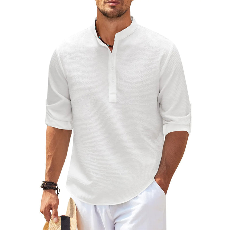 Men's Grandad Collar Popover Shirt Roll Sleeve Summer Style