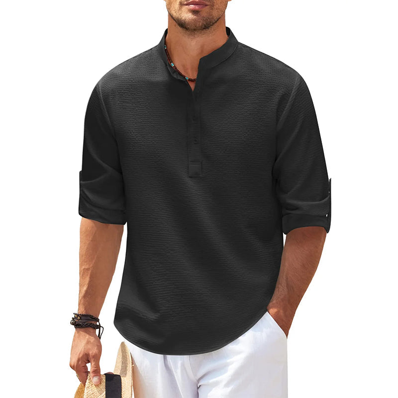 Men's Grandad Collar Popover Shirt Roll Sleeve Summer Style