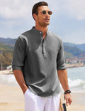 Men's Grandad Collar Popover Shirt Roll Sleeve Summer Style