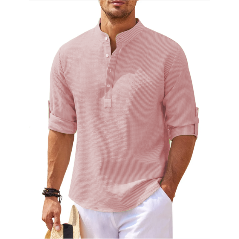 Men's Grandad Collar Popover Shirt Roll Sleeve Summer Style