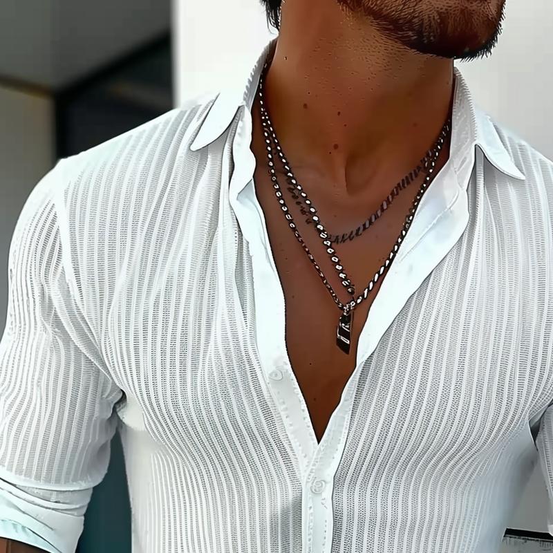 Men's Lightweight Summer Shirt with Ribbed Texture Slim Button