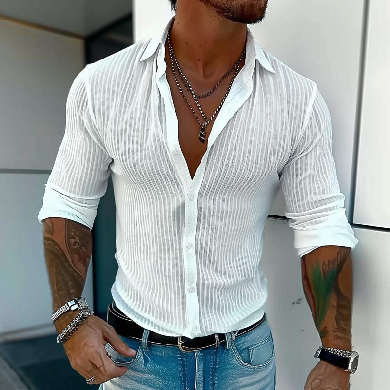 Men's Lightweight Summer Shirt with Ribbed Texture Slim Button