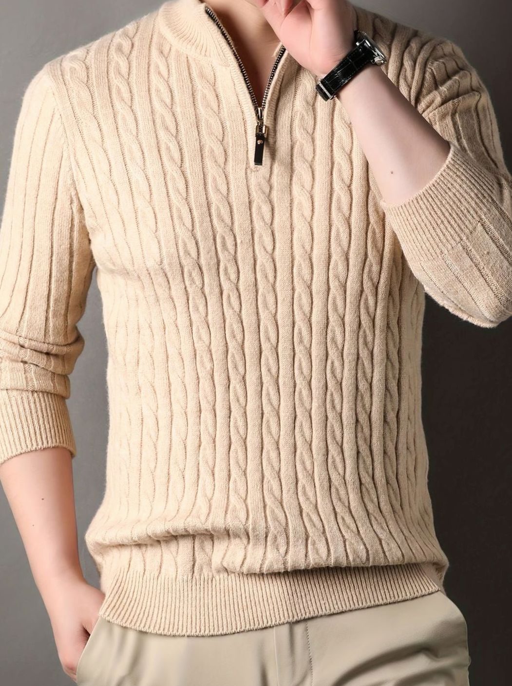 Men's Tailored Half-Zip Cable Pullover - Apricot