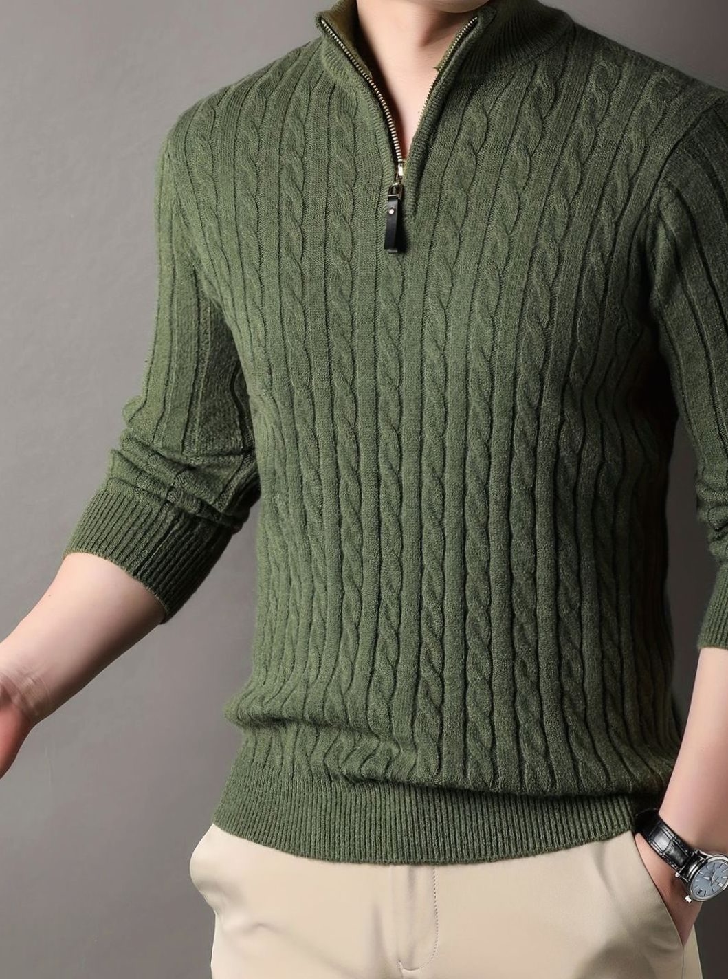 Men's Tailored Half-Zip Cable Pullover - Green
