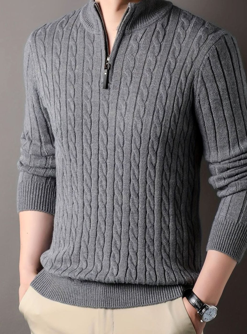 Men's Tailored Half-Zip Cable Pullover - Gray