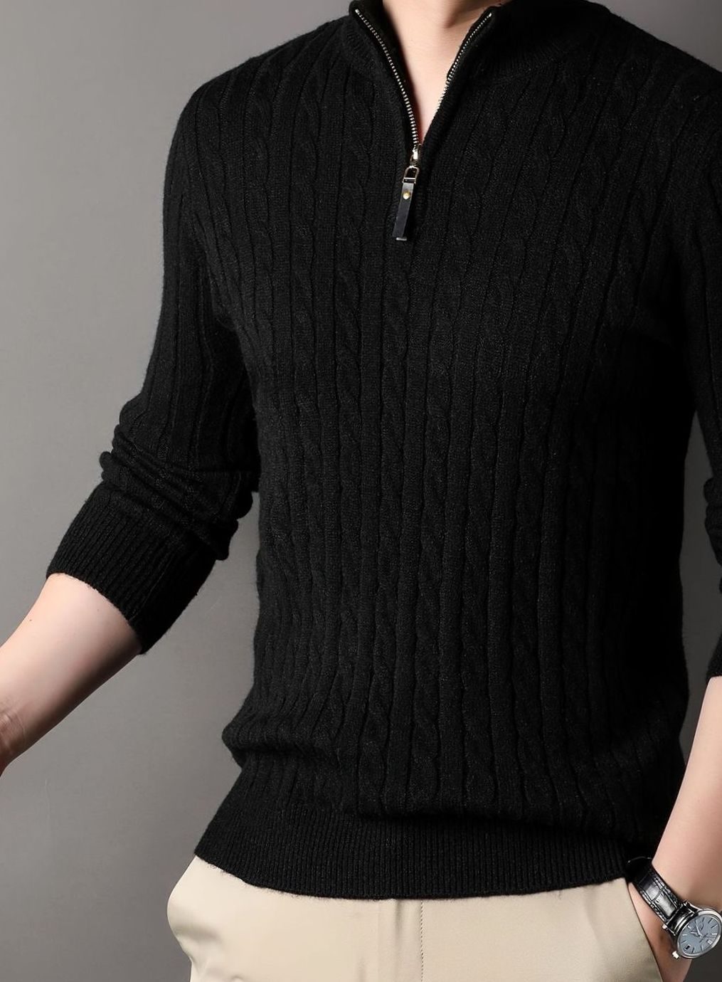 Men's Tailored Half-Zip Cable Pullover - Black