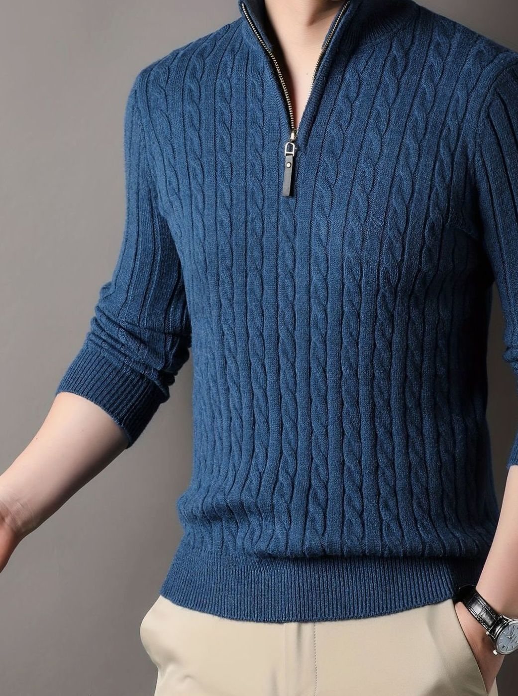 Men's Tailored Half-Zip Cable Pullover - Blue