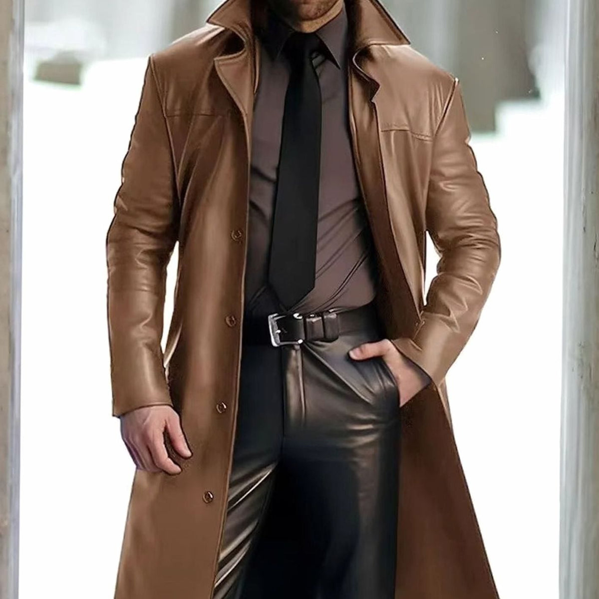 Men's Long Faux Leather Trench Coat with Notch Lapel – Khaki