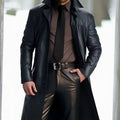 Men's Long Faux Leather Trench Coat with Notch Lapel – Black