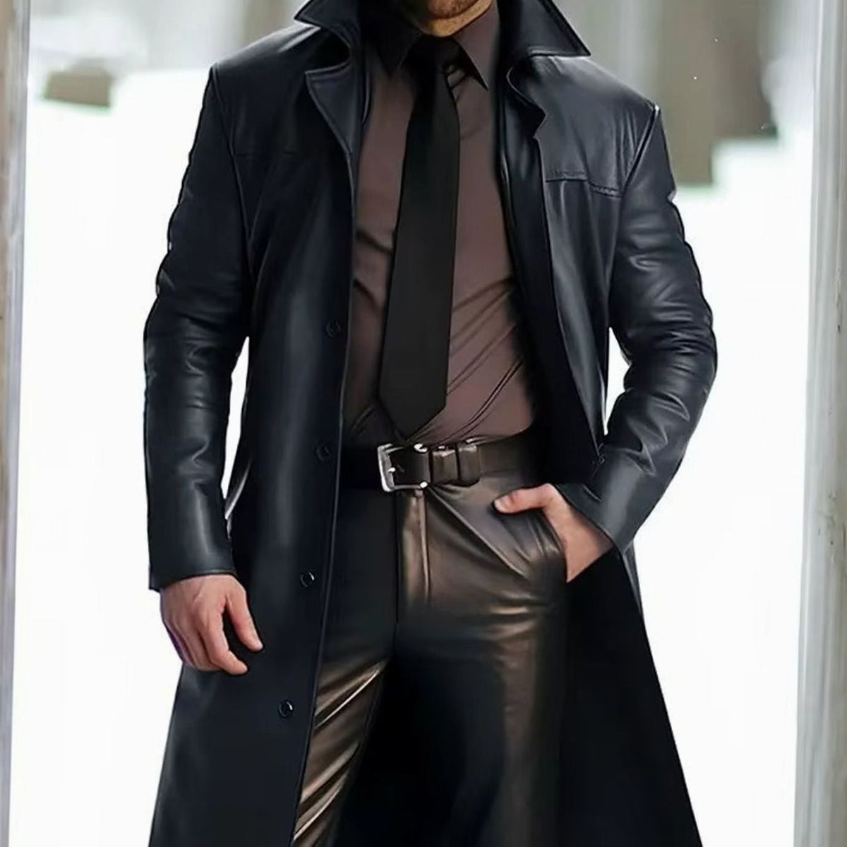 Men's Long Faux Leather Trench Coat with Notch Lapel – Black