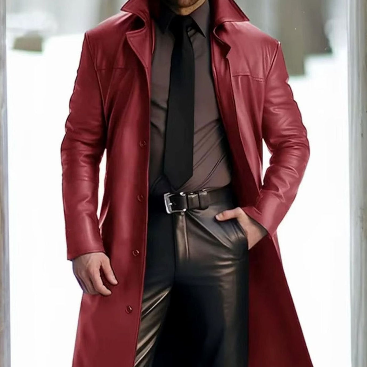 Men's Long Faux Leather Trench Coat with Notch Lapel – Red