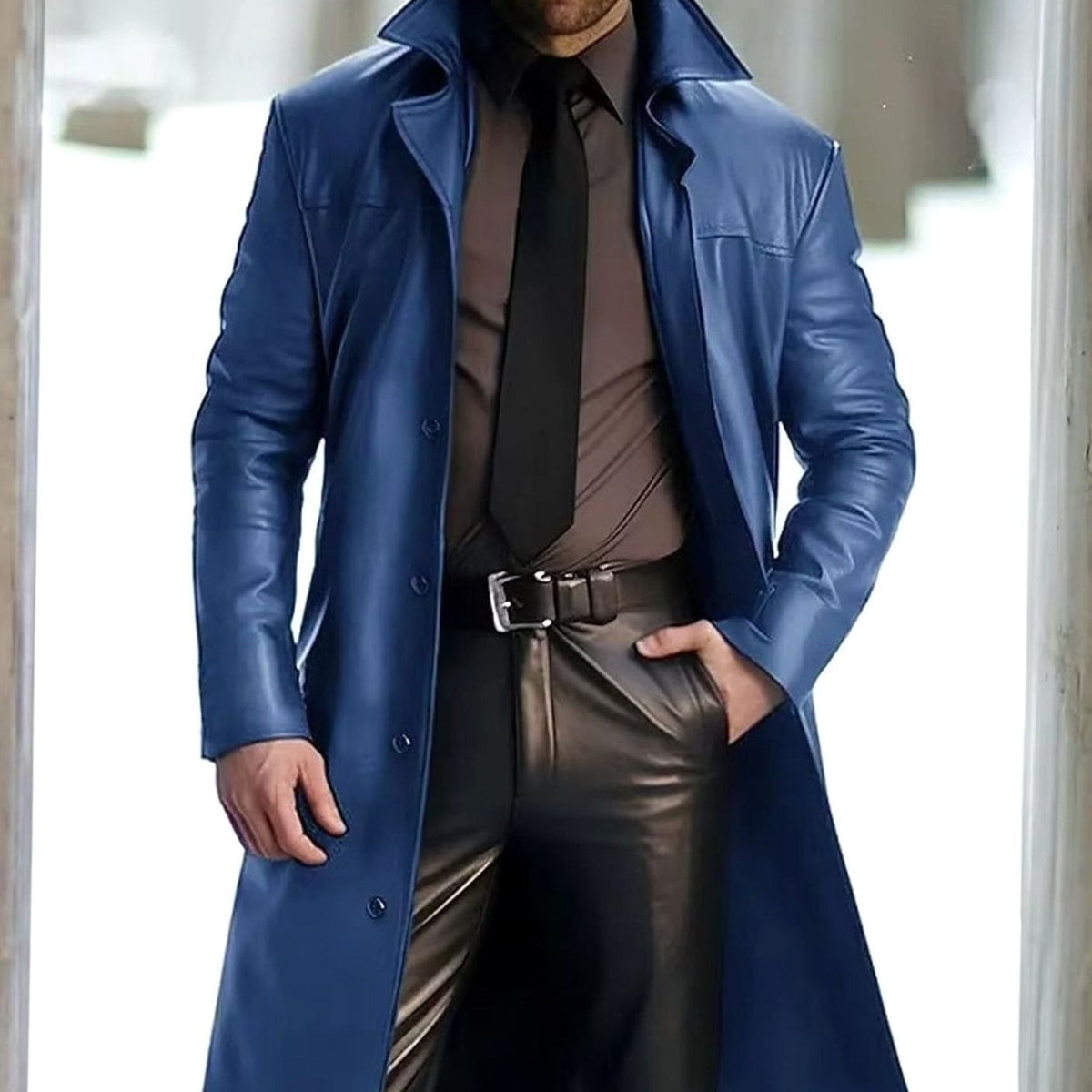 Men's Long Faux Leather Trench Coat with Notch Lapel – Blue