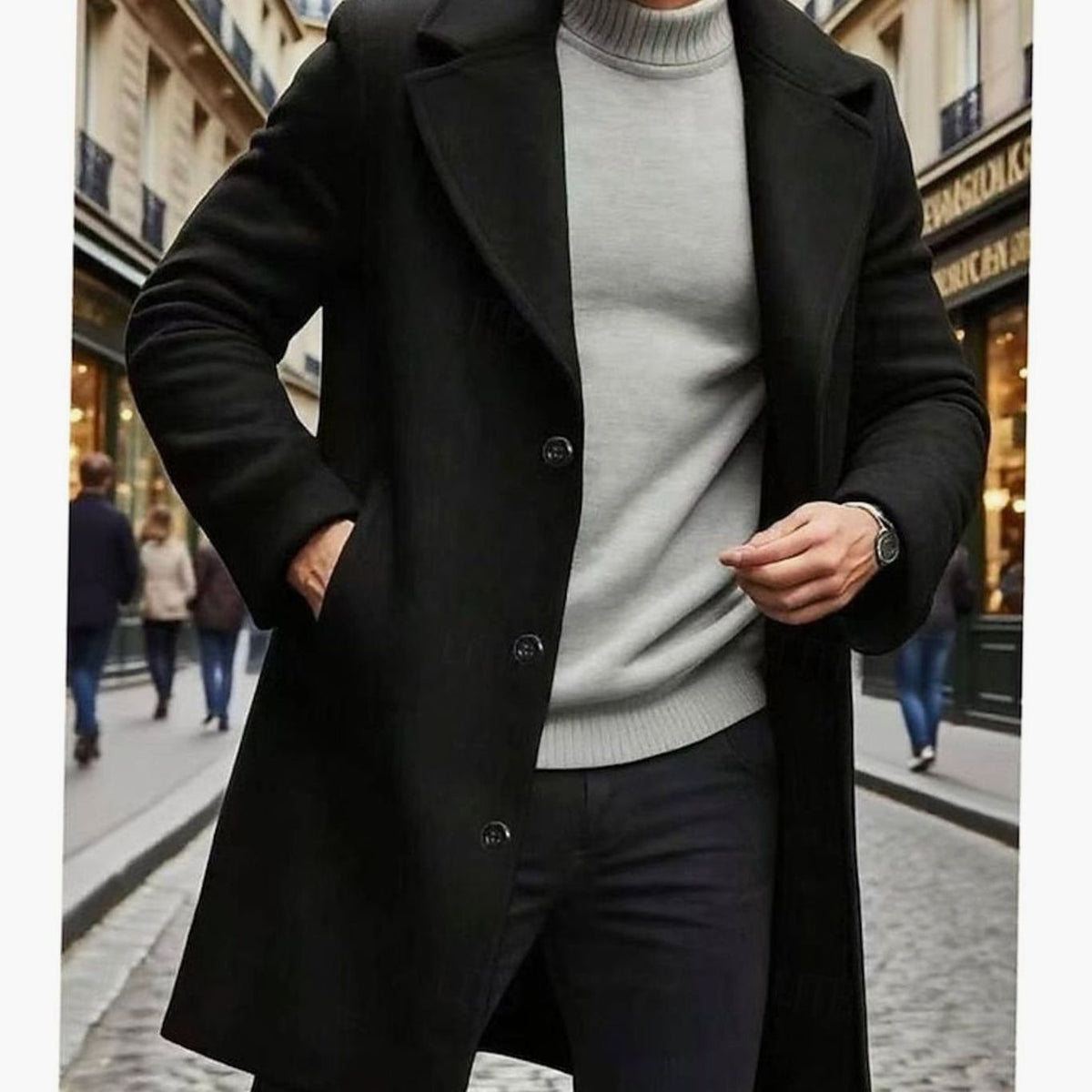 Men's Longline Wool Topcoat with Single-Breasted Front - Black