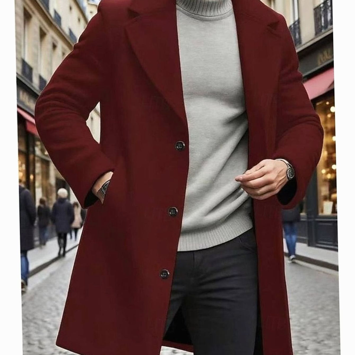 Men's Longline Wool Topcoat with Single-Breasted Front - Red