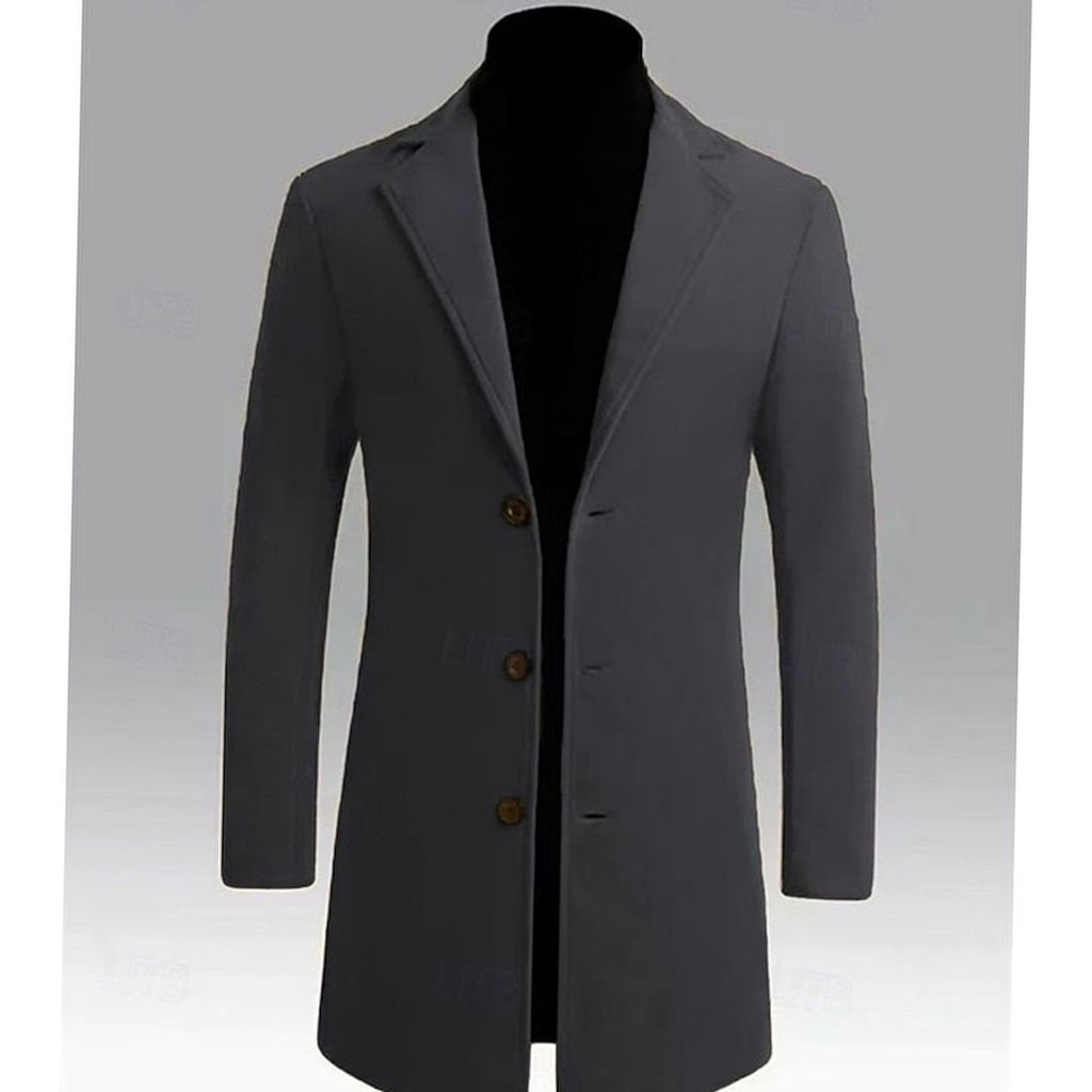 Men's Longline Wool Topcoat with Single-Breasted Front