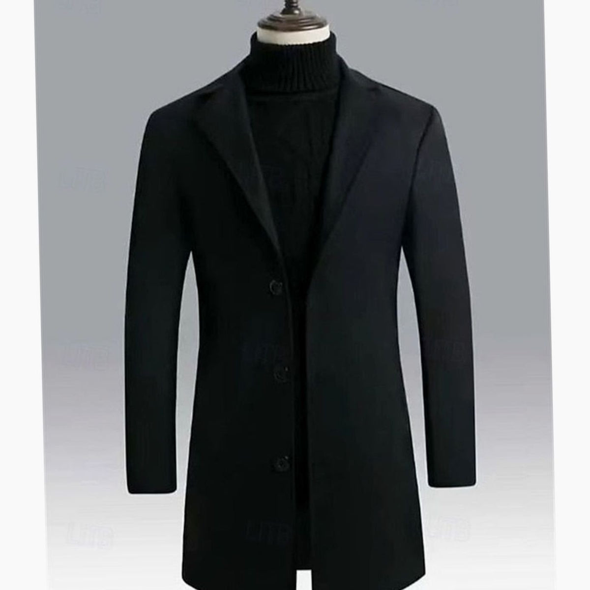 Men's Longline Wool Topcoat with Single-Breasted Front